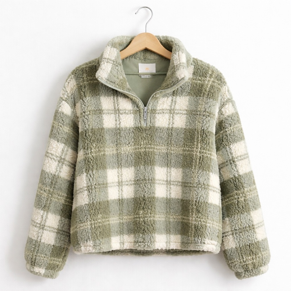 Lazy Sunday Sherpa Pullover Large Sage Green Plaid 1/4 Zip Fleece